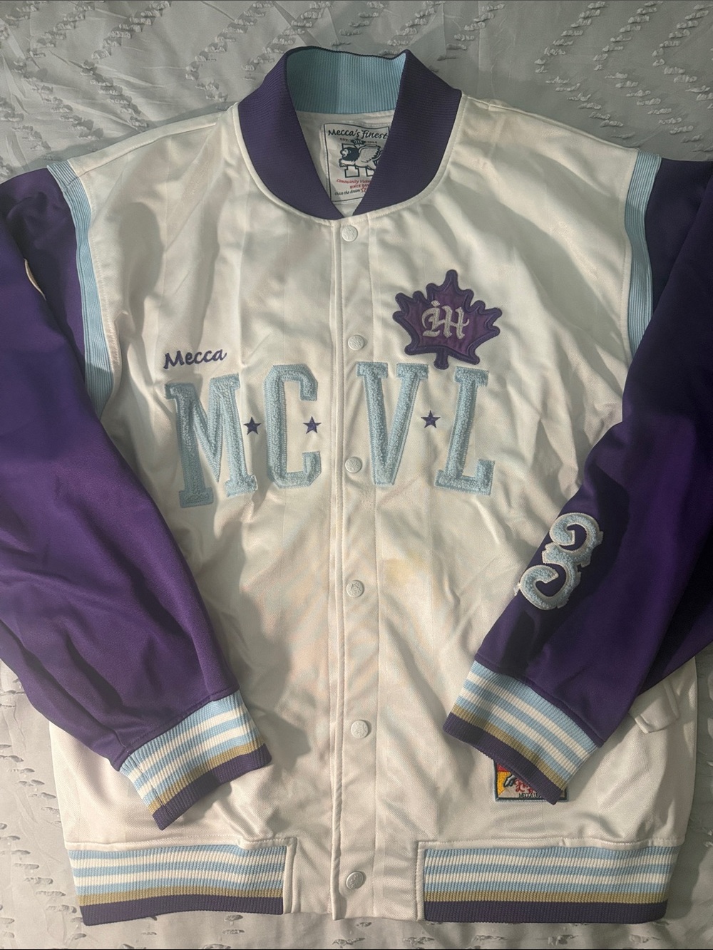 mecca White and Purple Varsity Jacket with Light Blue Accents